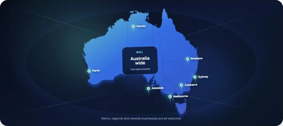Glowing map of Australia highlighting Perth, Darwin, Brisbane, Sydney, Canberra, Melbourne and Adelaide